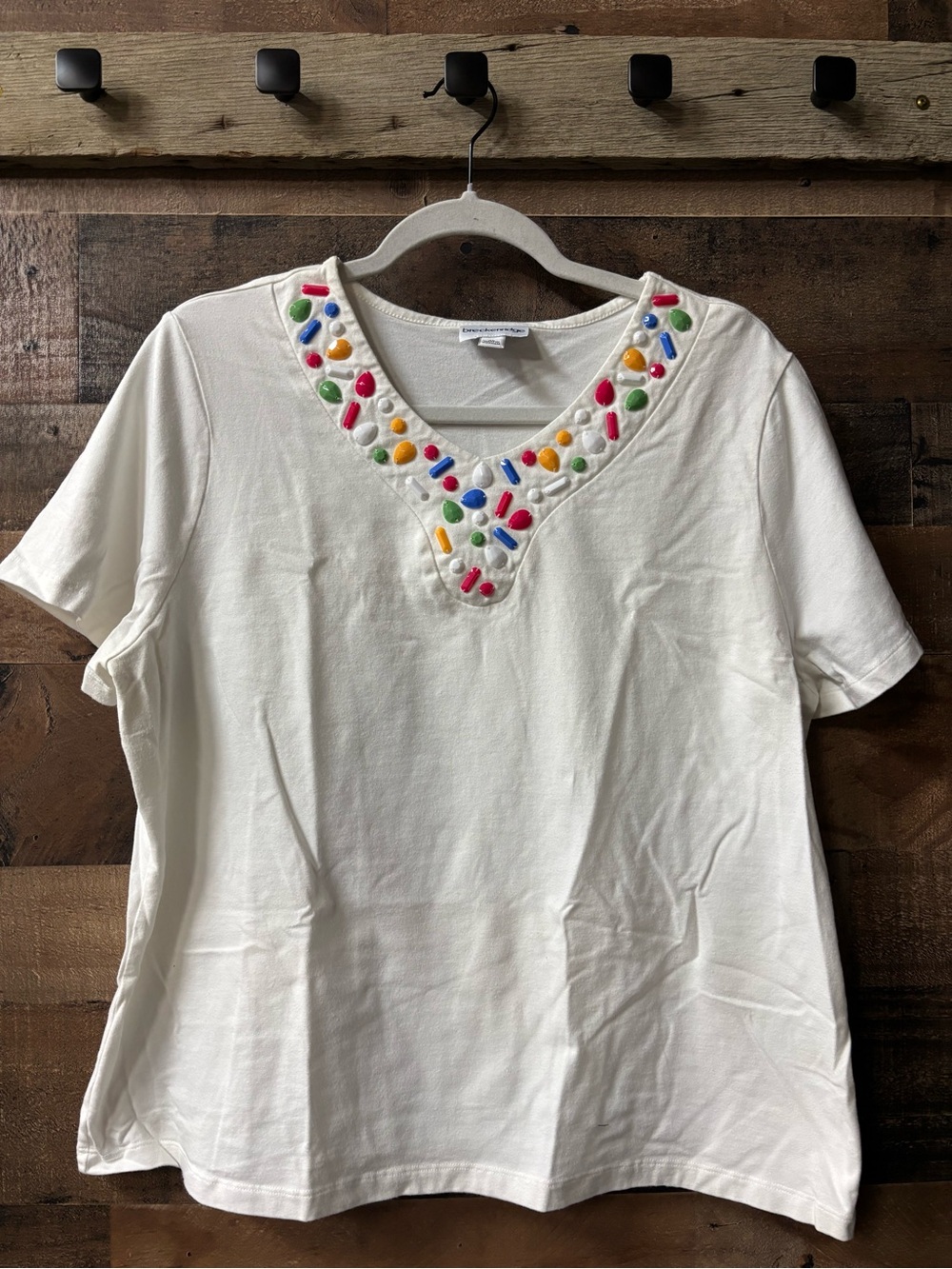 breckenridge White Short-Sleeve Top with Multicolor Bead Embellishment